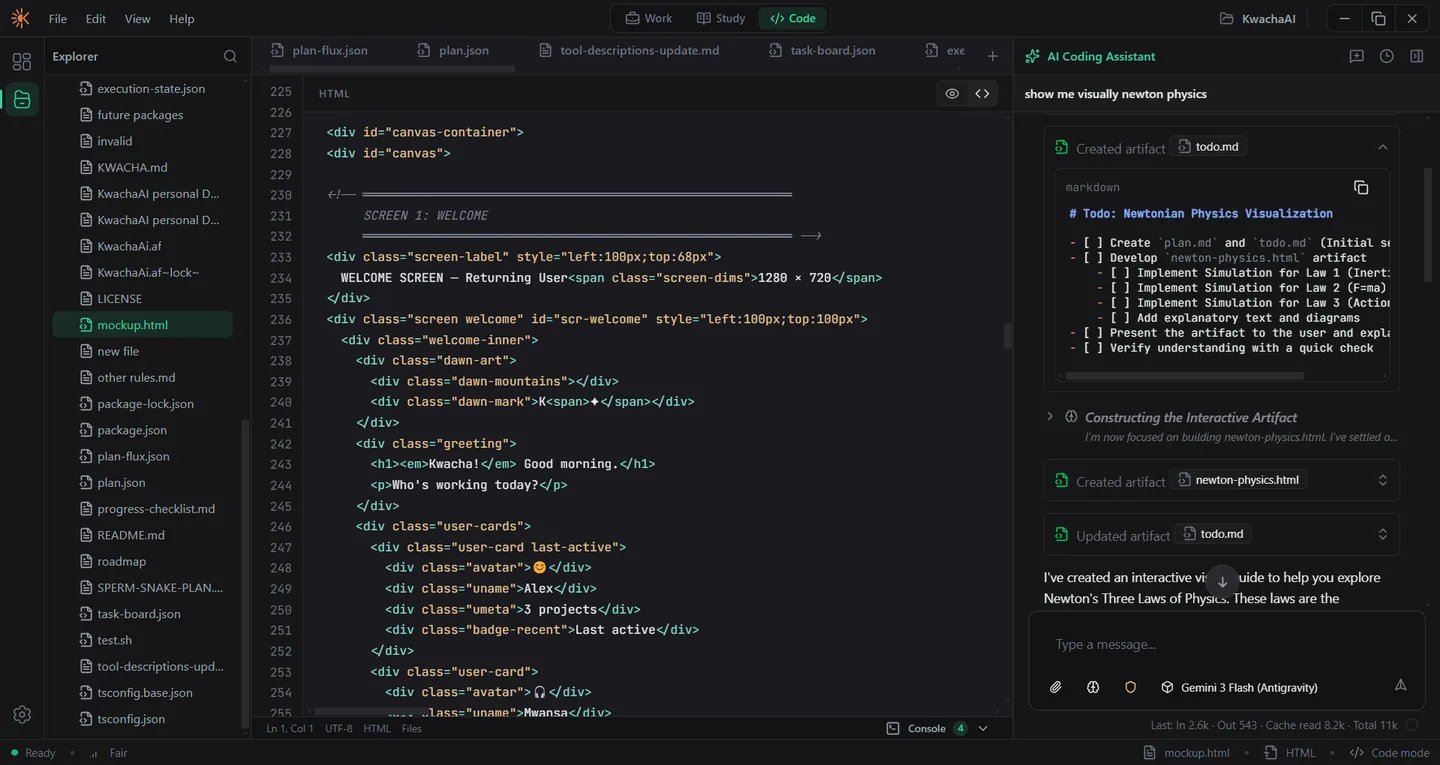 KwachaAI Code Mode showing a file explorer, editor, and AI terminal